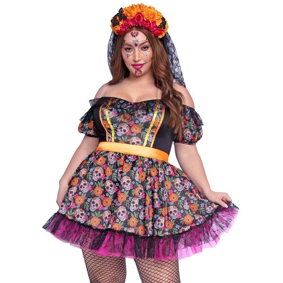 Plus Day of the Dead Sugar Skull Costume Womens 3x 4x Dia de los Muertos Dress - Picture 4 of 12